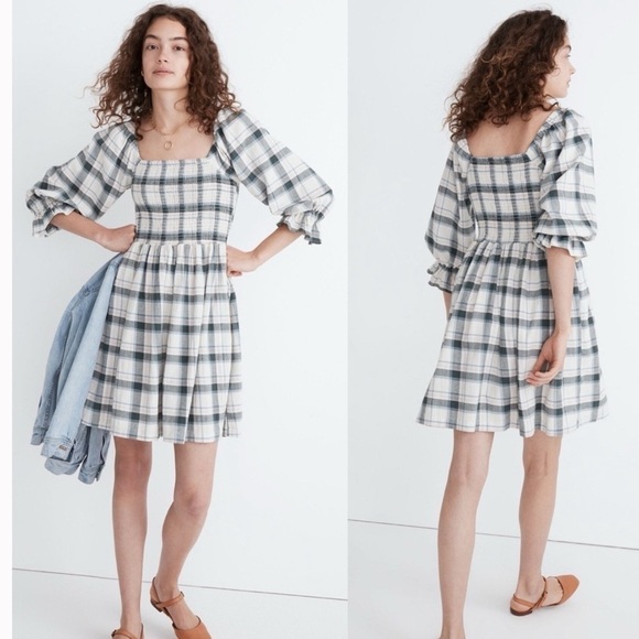 Madewell Elbow-Sleeve Smocked Mini Dress in Lebaum Plaid Sz S - Picture 1 of 10